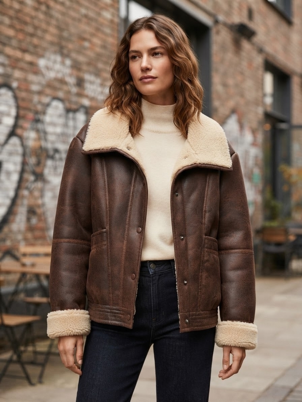 MANGO Brown Faux Suede Shearling Lined Aviator Jacket